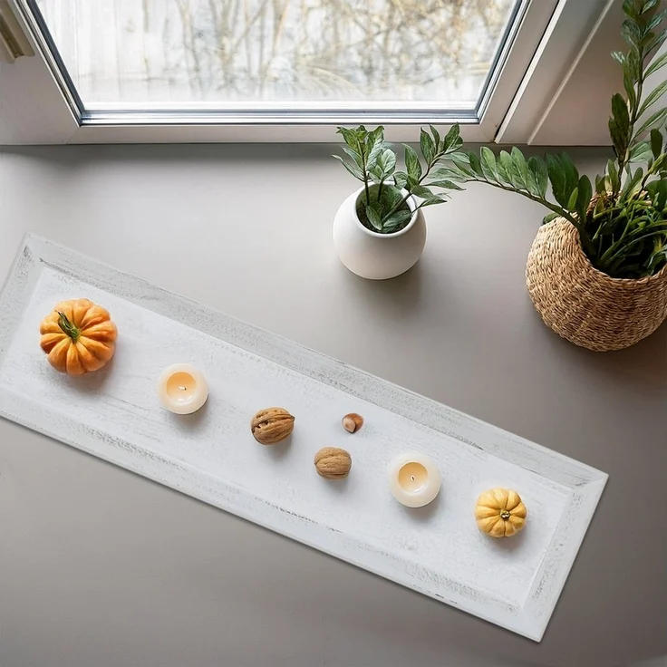 Spetebo Dekotablett Holz Tablett shabby weiß (50 cm x 14 cm, 1 St, Deko Kerzentablett rechteckig), mit erhöhtem Rand – Bild 2