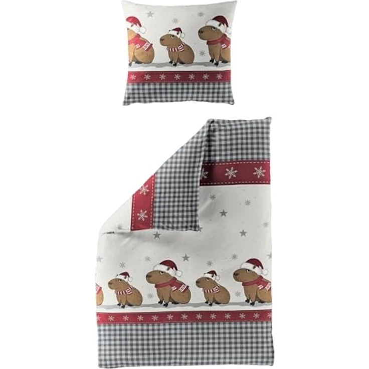 Bettwäsche Bierbaum Biber 4168-10 Capybara Natur Grau Rot 135x200 – Bild 2