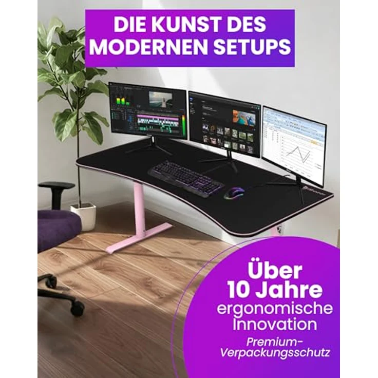Arozzi Arena Gaming Desk - Pink, großer Gaming-Tisch mit vollflächigem Mikrofaser-Mauspad und höhenverstellbaren Stahlbeinen – Bild 6