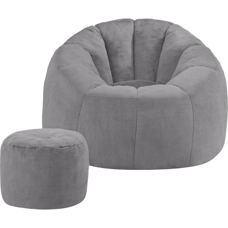 Sitzsack 105 x 105 x 70 cm mit Fußhocker – Blütenform aus Kaninchenfell-Imitat in Grau – Bild 6