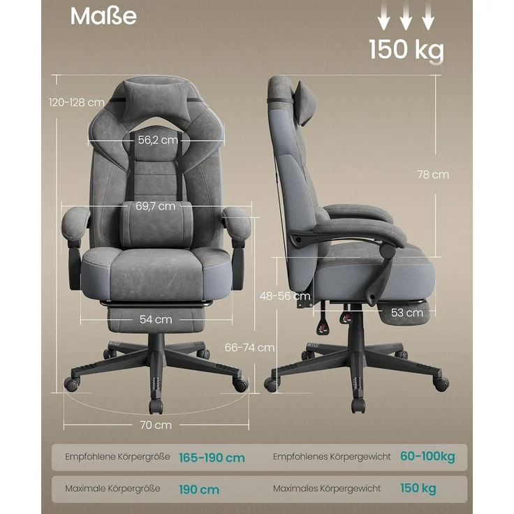 SONGMICS Gaming-Stuhl, Bürostuhl, Computerstuhl, ergonomisches Design, mit Fußstütze, verstellbares Kopfkissen – Bild 3