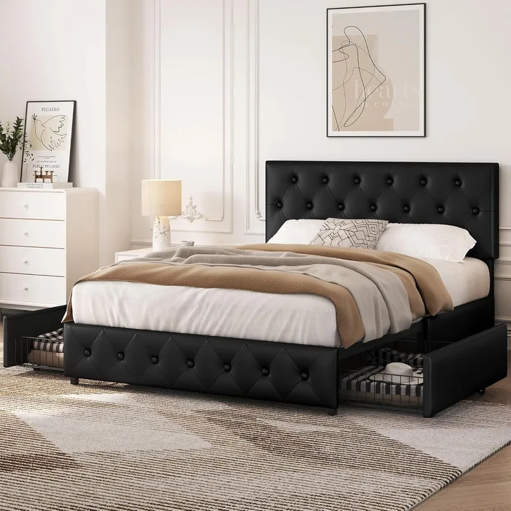 Yaheetech Polsterbett 140x200 cm Doppelbett Bettrahmen mit 2 Schubladen höhenverstellbares Kopfteil Gepolstertes Bett mit Lattenrost viel Stauraum, Schwarz