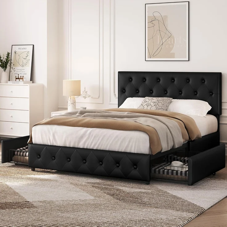 Yaheetech Polsterbett 140x200 cm Doppelbett Bettrahmen mit 2 Schubladen höhenverstellbares Kopfteil Gepolstertes Bett mit Lattenrost viel Stauraum, Schwarz