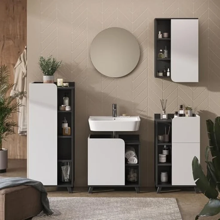 Badschrank Karen Anthrazit/Weiß 50 x 75 cm mit Tür und offenen Fächern Vicco – Bild 7