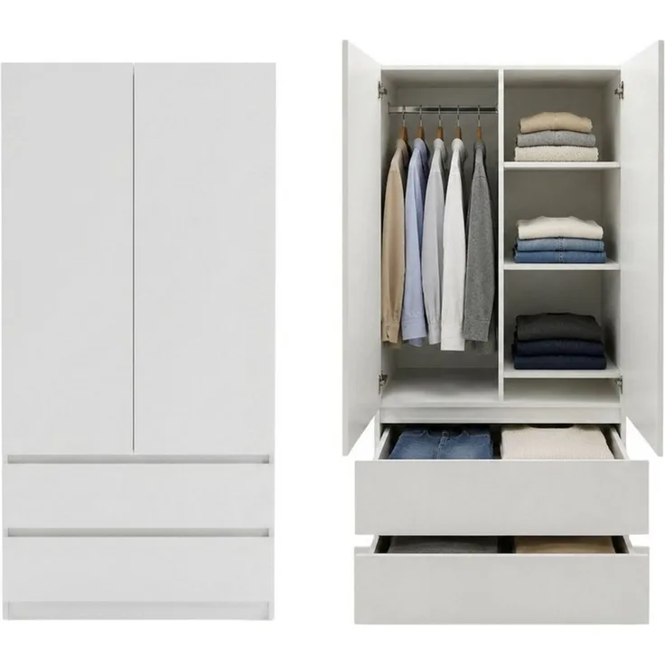 Home Collective Mehrzweckschrank Schrank Kleiderschrank Aktenschrank Hochschrank 2-türig 2 Schubladen (Garderobenschrank, Universalschrank Flur, Büro oder Schlafzimmer) 90x50x180 cm, robust & vielseitig, viel Stauraum Weiß