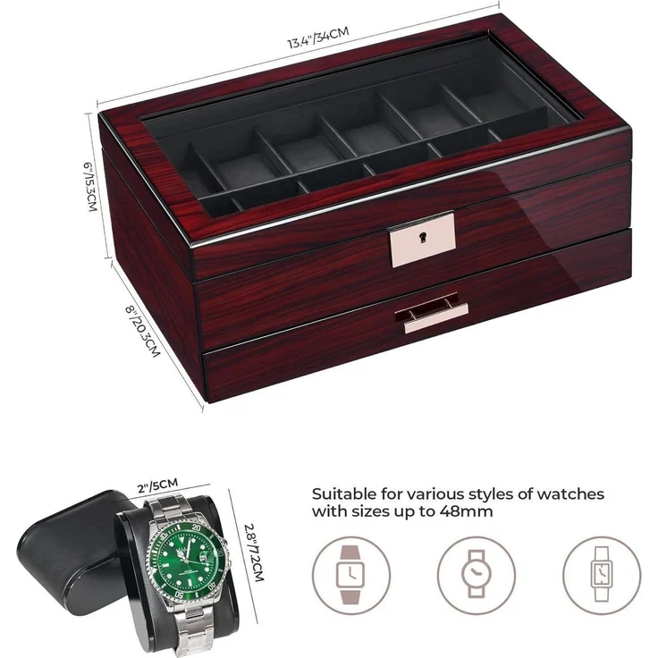 Uhrenbox Herren Watch Box Uhrengehäuse Glasdeckel 2-Tier Organizer UJWB001Y – Bild 5