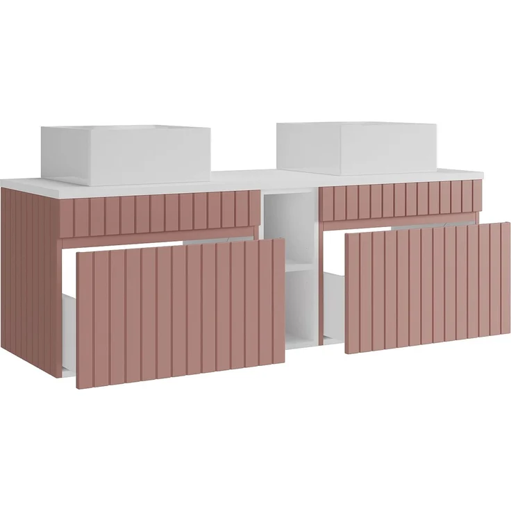 Vente-unique - Hängender Badezimmer-Unterschrank gerillt mit Fächern und Doppel-Aufsatz-Waschbecken quadratisch – Rosa – B140 cm – SATARA – Bild 6