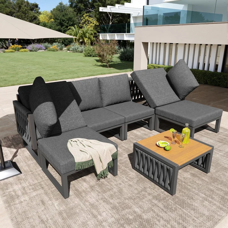 Merax Gartenlounge-Set, 6-Sitzer Gartenmöbel Set, Garten Loungesessel für 6 Personen, Doppelliege für den Außenbereich, Verstellbarer Rückenlehnenwinkel, Grau – Bild 3