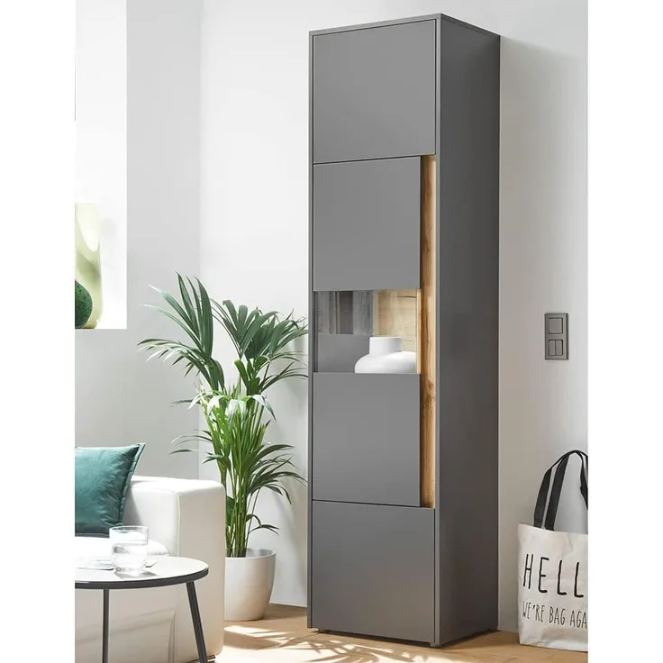 Wohnzimmer Vitrine mit Beleuchtung CRISP-61 in anthrazit mit Absetzungen in Wotan Eiche Nb, B/H/T: ca. 50/197/40 cm