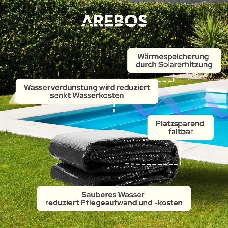 Arebos Solarabdeckplane Solarplane 120 µm Pool-Abdeckplane mit Wärmefolie (Stück, schwarz), 120mic – Bild 5