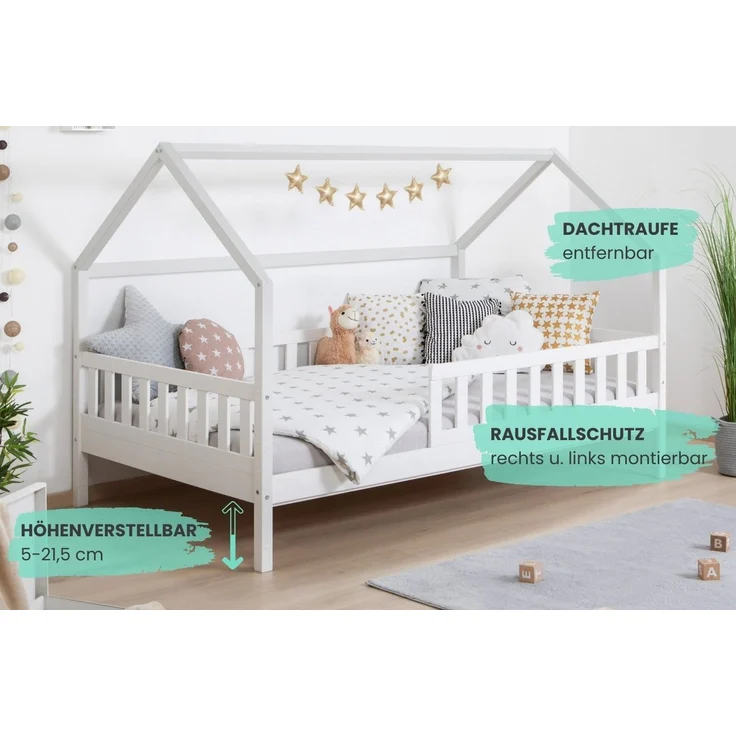 Ticaa Hausbett Duo mit Rausfallschutz aus Kiefer, Bodenbett 90x200, inkl. abnehmbarem Dach, mit Rollrost, mit Matratze – Bild 2