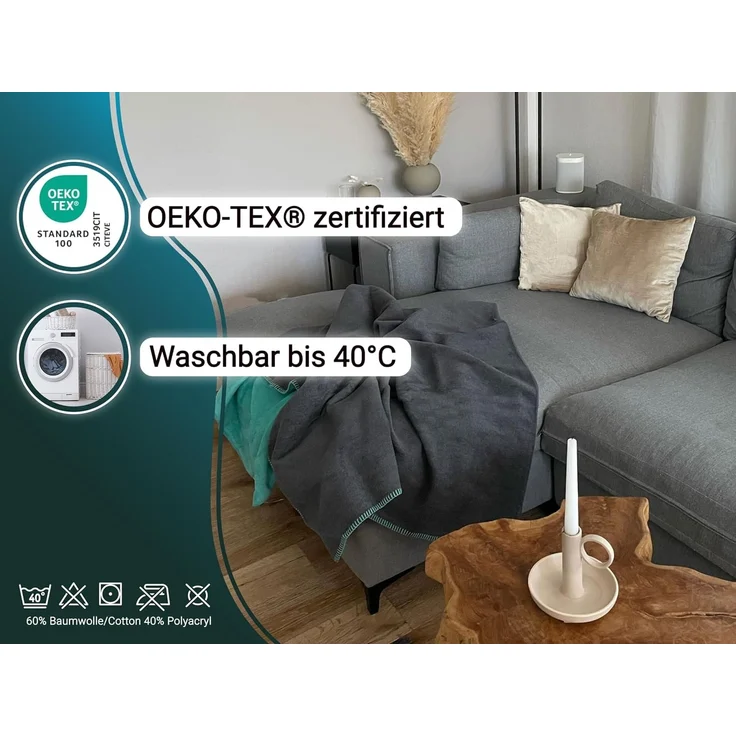 ZOLLNER Kuscheldecke in Wendeoptik, 150x200 cm, mint-grau – Bild 3