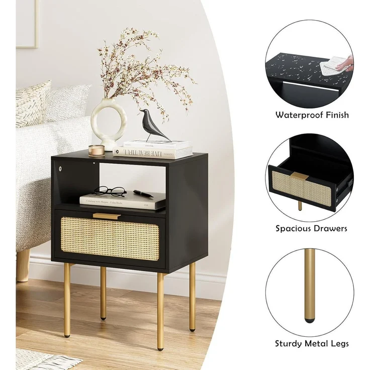 Nachttisch Rattan Schwarz Beistelltisch Schublade Möbel Gold Rahmen – Bild 4
