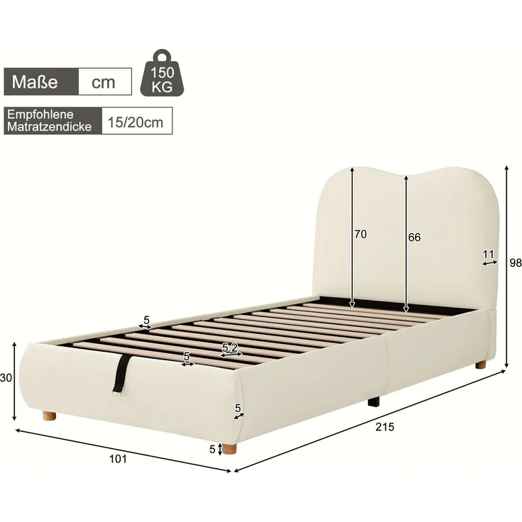 CHICFURN Polsterbett aus Samt Beige 90x200 cm mit hydraulischem Bettkasten und Lattenrost – Bild 10