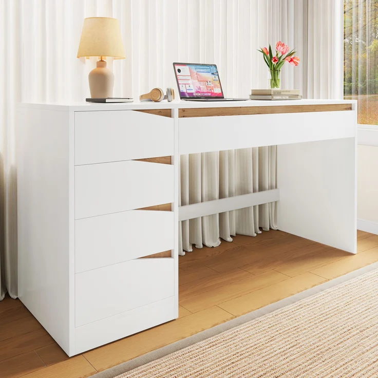 ZUBALIYA Schreibtisch 140x50 cm mit 5 Schubladen, Weiß/Eiche-Optik, Moderner Computertisch mit extra großer Arbeitsfläche, Schminktisch mit Stauraum, Bürotisch für Homeoffice, Schlafzimmer und Arbeitszimmer – Bild 4