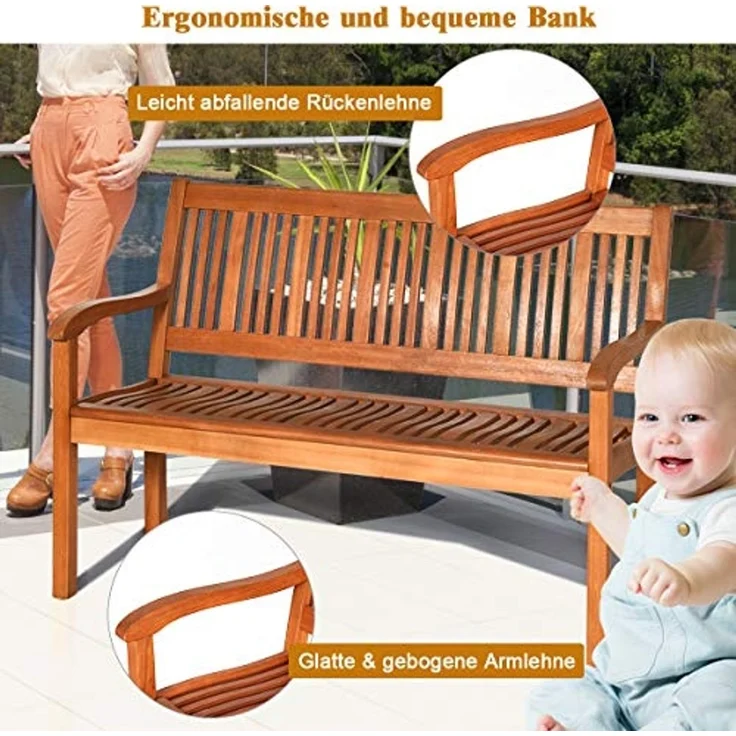 Balkonbank Holz, Holzbank wetterfest, Sitzbank für 2-3 Sitzer, Gartenbank aus Eukalyptus bis 320 kg belastbar, Parkbank für Terrasse, Balkon, Garten, 126 x 63 x 91 cm, Natur – Bild 7