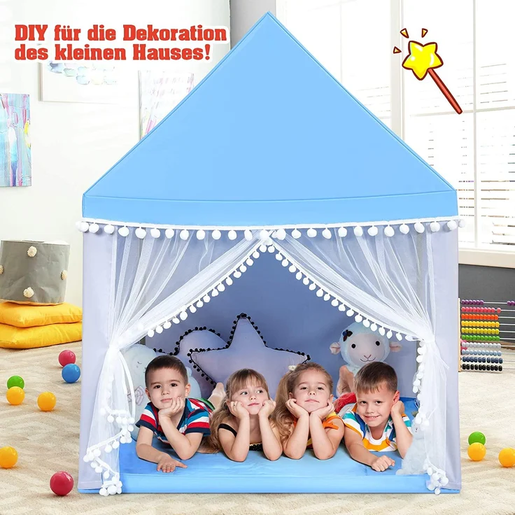 COSTWAY Prinzess Prinzessin Kinderzelt, Stoffzelt / Massivholzrahmen / Baumwolldecke blau, 120 x 105 x 140 cm – Bild 2