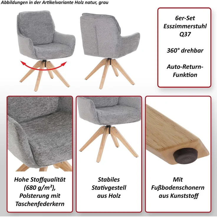 6er-Set Esszimmerstuhl HWC-Q37, Küchenstuhl drehbar Auto-Return, Stoff (680g/m²) Chenille Öko-Tex Holz MVG ~ grau – Bild 2