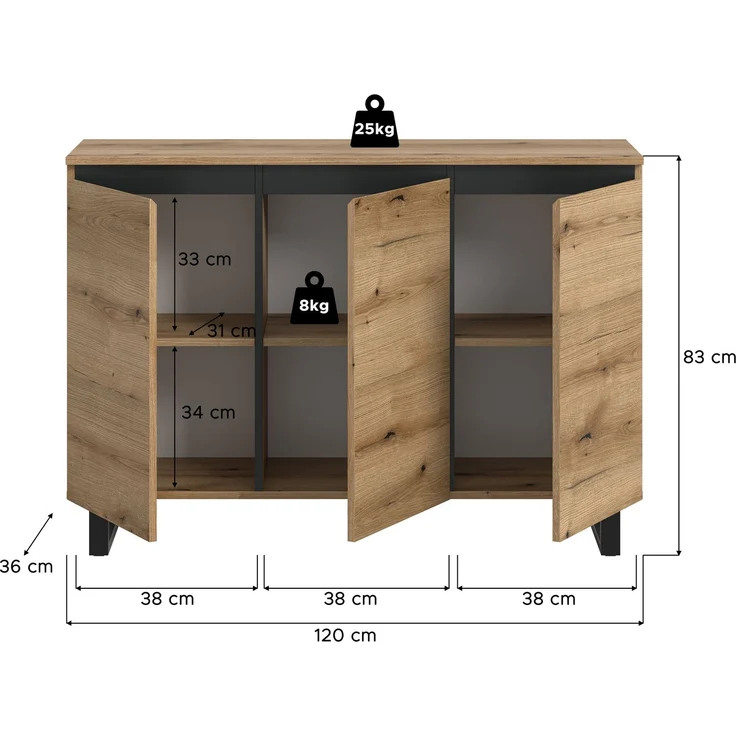 Sideboard B/H/T: 120x84x36 cm in Evoke Oak Nachbildung und schwarz – Bild 4