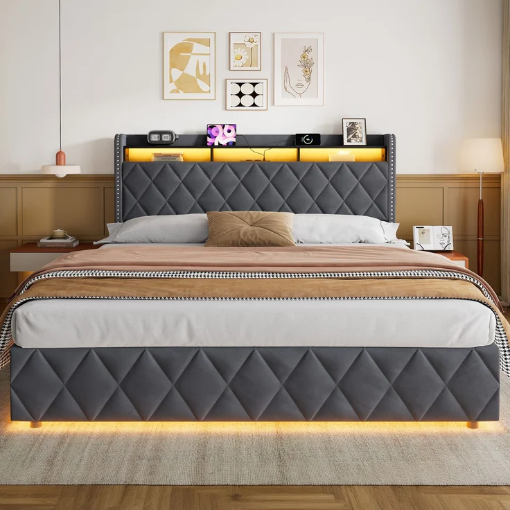 Polsterbett 180x200 cm mit hydraulischem Stauraum, LED und USB-Anschlüssen, Dunkelgrau – Ohne Matratze – Bild 9