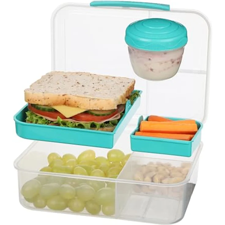 Sistema Bento Box TO GO Brotdose mit Fächern | 1,65 L Lunchbox mit Joghurt- /Fruchtbehälter | Lunchbox Kinder & Erwachsene | Blaugrün – Bild 8