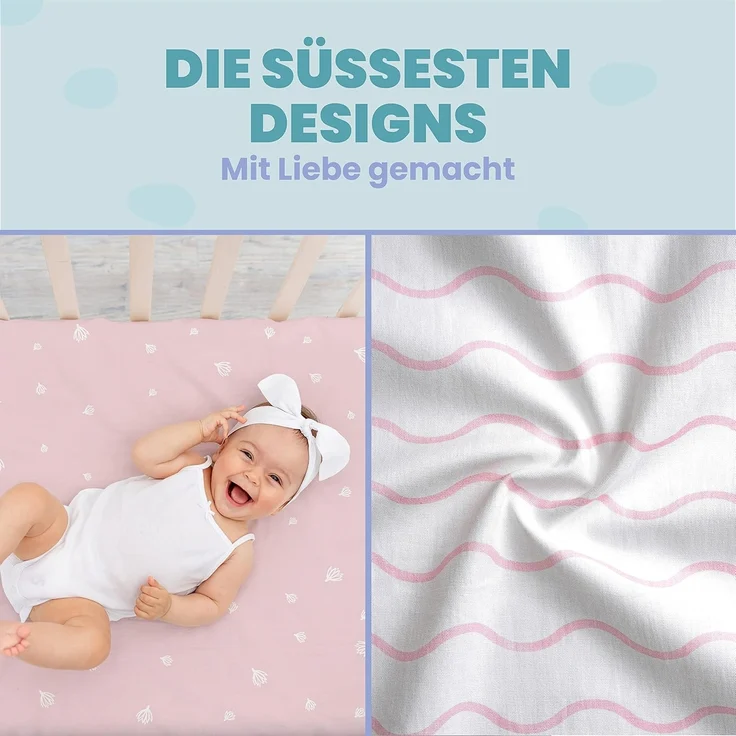 2X Spannbettlaken aus 100% Baumwolle mit Gummiband - 1X Matratzenschoner aus 100% wasserdichtem Material - 3er-Set - 55x90 cm - Rosa – Bild 6