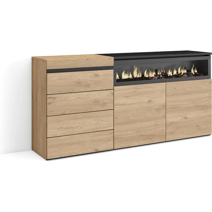 Skraut Home | Kommode mit Schubladen | Aufbewahrungsschrank | 157 x 75 x 35 cm | Für Schlafzimmer, Zimmer | Elektrokamin. | Moderner Stil | Eiche