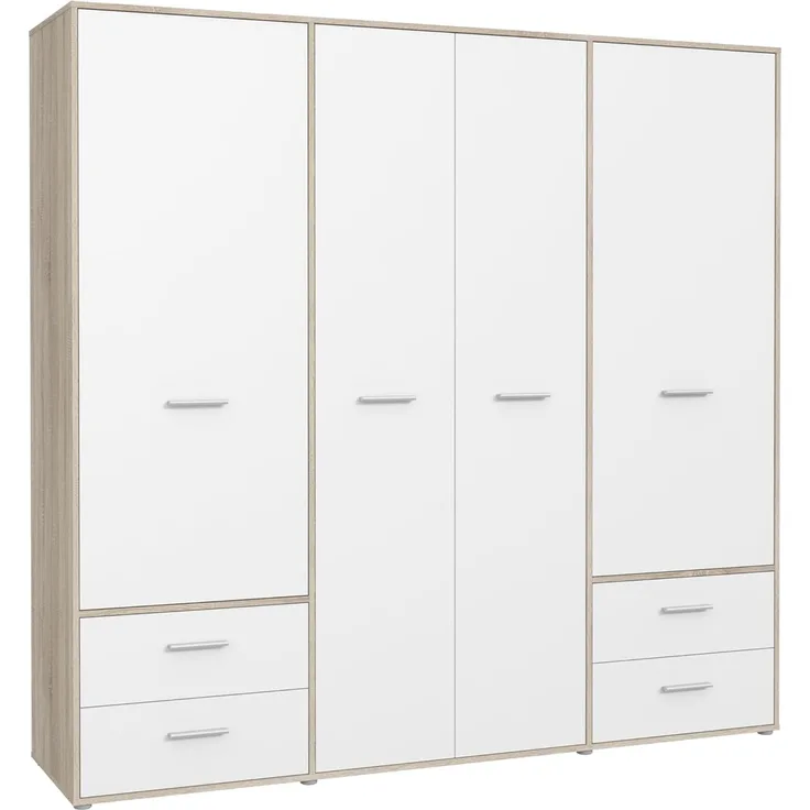 FORTE MOKKARO Schrank 200 210, Kleiderschrank Schlafzimmer Drehtürenschrank Modern, 4-türig mit 4 Schubladen, Einlegeböden und Kleiderstange, Weiß, 206 cm breit x 200 cm hoch x 53 cm tief