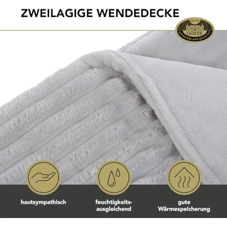 Gözze Wohndecke, kuschelweich, 1620g/Stück, Cord Optik, Polyester, Silber, 150x200 cm – Bild 4