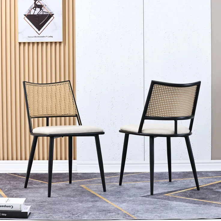 Esszimmerstuhl-Set 80cm×46cm×48cm in Schwarz mit Rattan-Rückenlehne und PU-Sitz – Bild 4