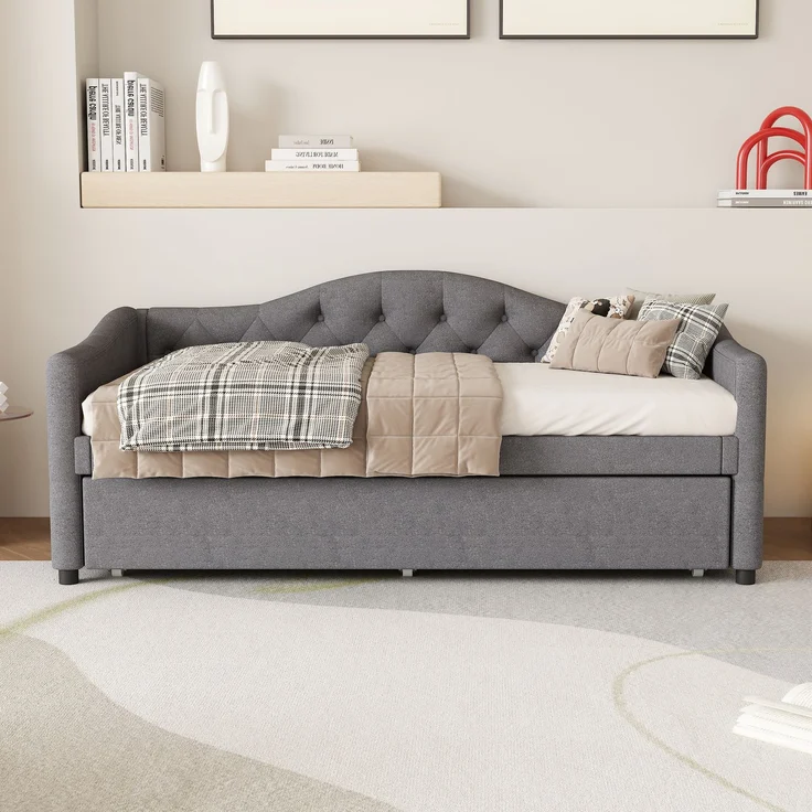 Wohnora-Daybettt, 90x200cm Tagesbett mit ausziehbarem Bett,Schlafsofa, Einzelbett(Ohne Matratze), Leinen, minimalistisches Styling, Grau,Grau – Bild 3