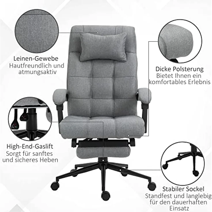 Vinsetto Bürostuhl mit Kopfkissen Armlehne Schreibtischstuhl mit Neigungswinkel Höhenverstellbarer Drehstuhl mit Fußstütze Leinen Schaumstoff PVC Hellgrau 66 x 70 x 116-124 cm – Bild 8