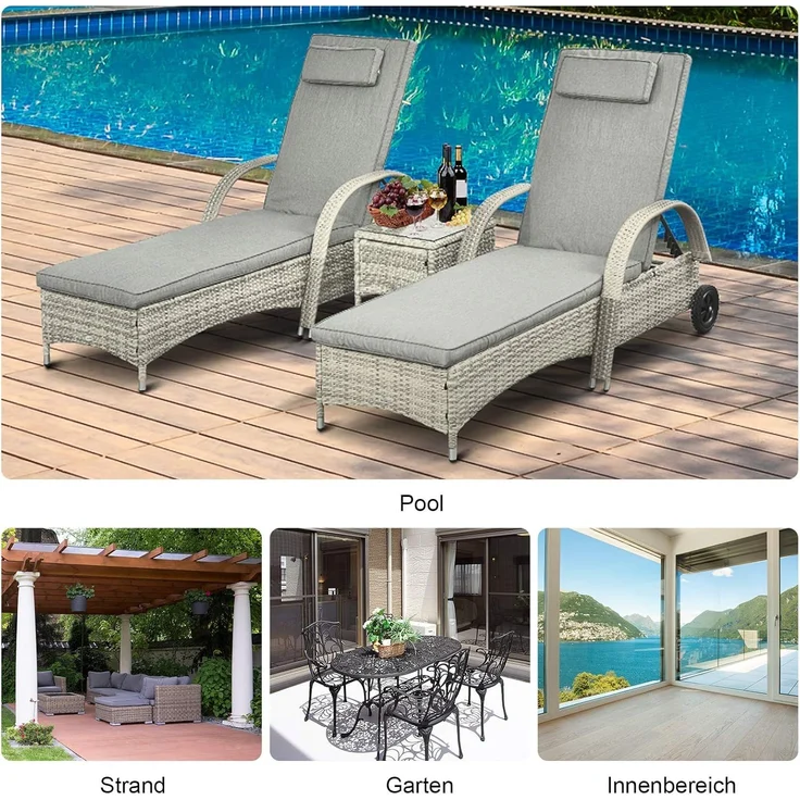 Outsunny Gartenliege Tisch 3er-Set Gartenmöbel, Polyrattan+Metall Grau, Liege, 3 St, Sonnenliege, Modern, Stabil, Praktisch, Witterungsbeständig – Bild 6