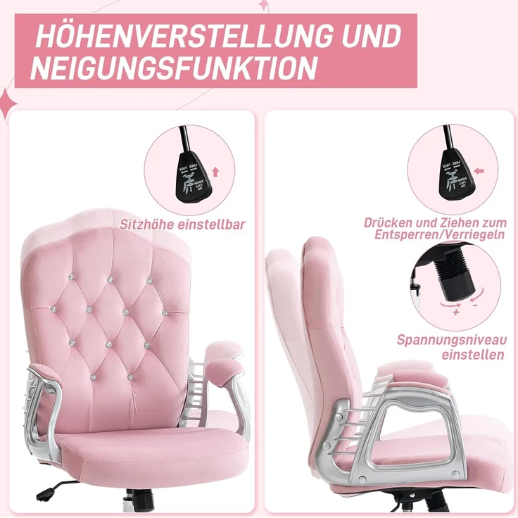 Vinsetto Bürostuhl Drehstuhl, Schreibtischstuhl mit Schwenkrädern (Chefsessel, 1 St), für Wohnzimmer, Büro, Rosa – Bild 5