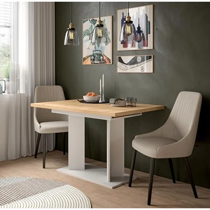 xonox. home – Esstisch Gustav 120-160x76x80 cm in Artisan Eiche Nachbildung und Weiß – Ausziehbarer Küchentisch mit Doppelsäule – variabel anpassbar, ummantelte Kanten & inklusive Aufbauanleitung – Bild 2