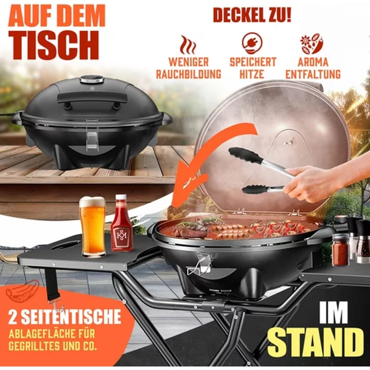 KESSER® 2in1 Elektrogrill mit Deckel und Standfuß, faltbar, mit Thermometer und 2 Räder, Aluminium schwarz, 122 x 98 x 57 cm – Bild 3