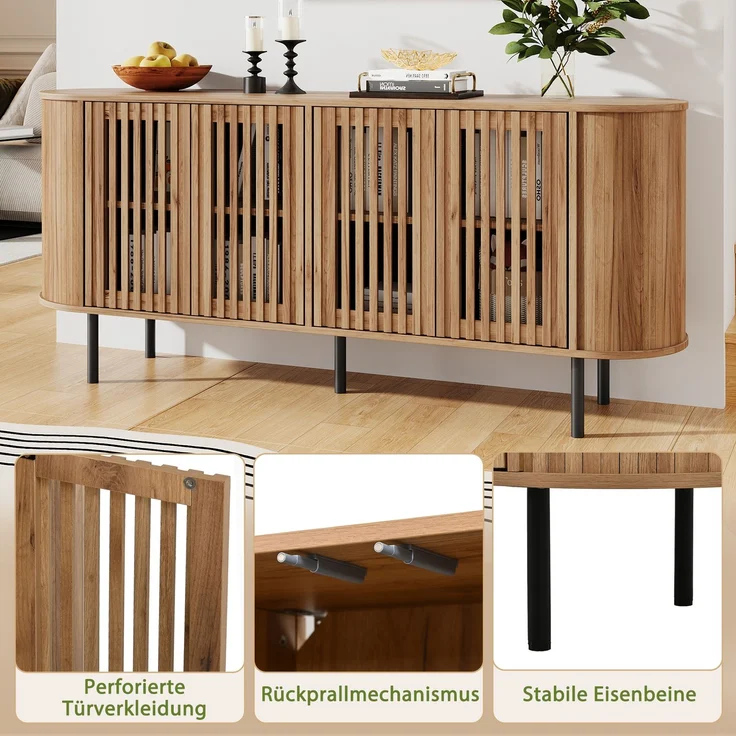 Merax 160x40x70cm Sideboard aus MDF mit 4 perforierten Schiebetüren, Kommode mit verstellbaren Einlegeböden und stabilen Metallbeinen, Wohnzimmer Buffet-Schrank, Naturholzfarbe – Bild 6