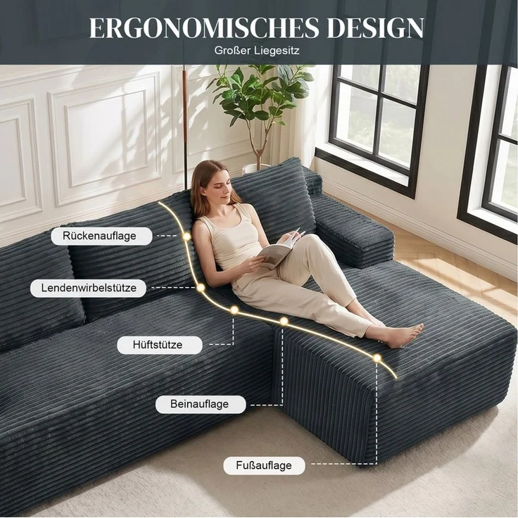 ANYSUN Ecksofa Couch L-Form, mit Liegeflache 3-Sitzer Ecksofa, Cord-Schlafsofa, Modulares Ecksofa, Loungesofa, Links / Rechts Chaiselongue Sofa,keine Montage erforderlich, modulares Schlafsofa für Wohnzimmer, Schlafzimmer, Wohnung und Büro – Bild 4