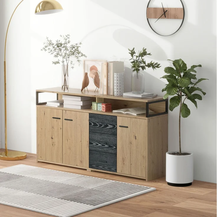 DESVIAE Sideboard mit 3 Türen und 3 Schubladen, 150x35x75,9 cm, aus Spanplatte, Schwarz-Braun – Bild 6