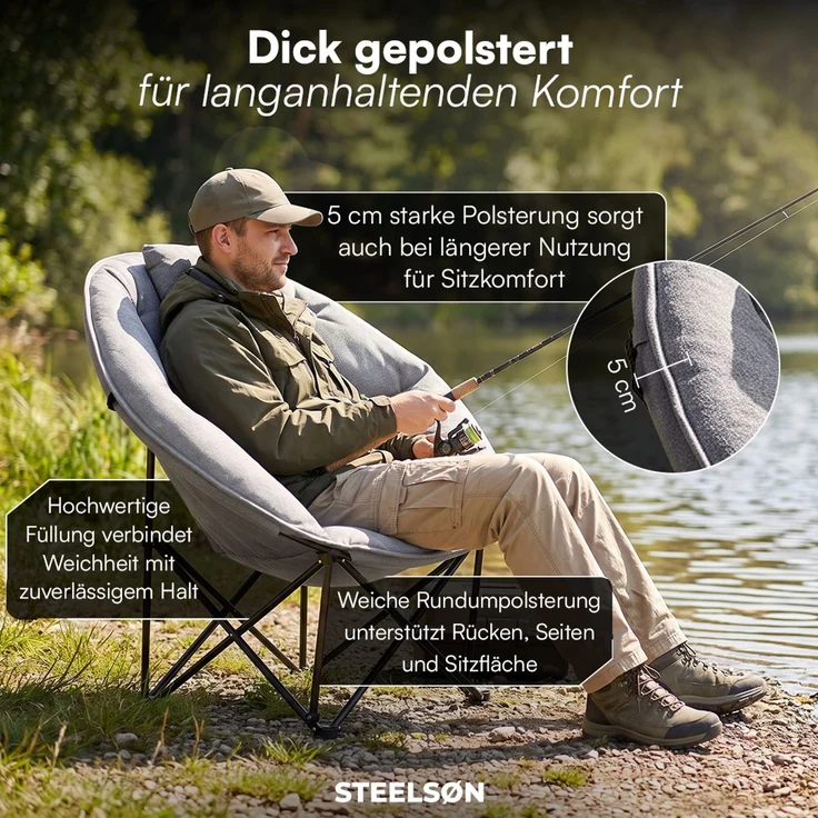 STEELSØN 'Hoggar' Moonchair faltbar, gepolsterter Campingstuhl grau, bis 150 kg, mit Kopfkissen und Tragetasche – Bild 3