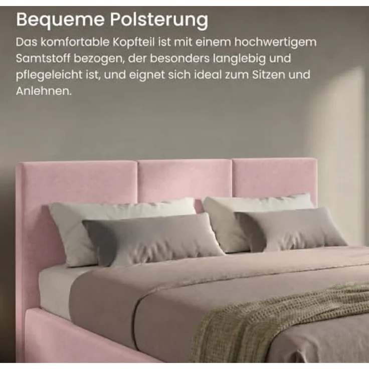 Home Collective Polsterbett, Bettgestell mit Lattenrost & Stauraum, samtweicher Veloursstoff in Rosa, mehrere Größen (120x200, 140x200, 160x200, 180x200) – Bild 4