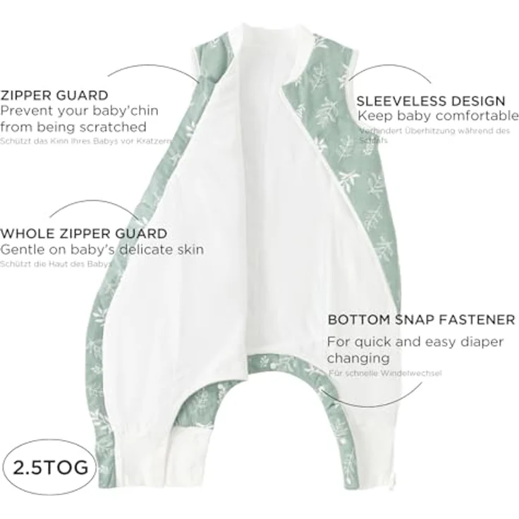 Duomiaomiao Baby Schlafsack, 1x Winterschlafsack, 2.5tog-grüne Blätter, 95cm / Babygröße 100-110cm, 100% Baumwolle – Bild 5