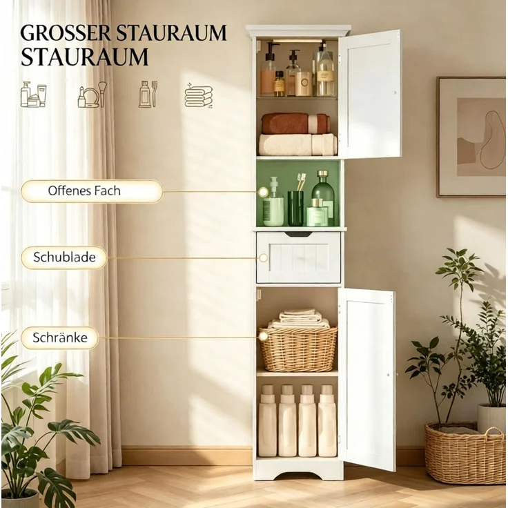 Bad-Hochschrank 40 x 30 x 170 cm mit Sensor-LED und Schublade, Weiß – Bild 5