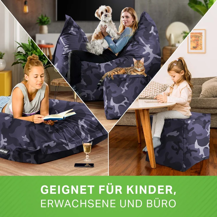 Green Bean® 2er Set XXL Sitzsack inkl. Poufmit mit EPS-Perlen - Riesensitzsack 140x180 Liege-Kissen Bean-Bag - Camouflage Schwarz – Bild 3
