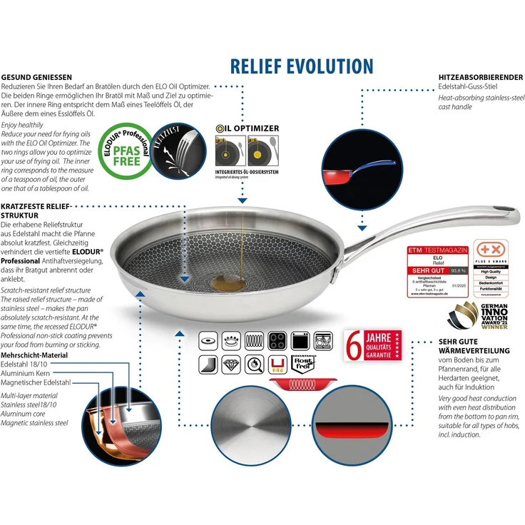 Elo Premium Sauteuse Relief Evolution Sauteuse, Edelstahl 18/10 (1-tlg), durchgehender Aluminium-Kern, außen magnetischer Edelstahl – Bild 1
