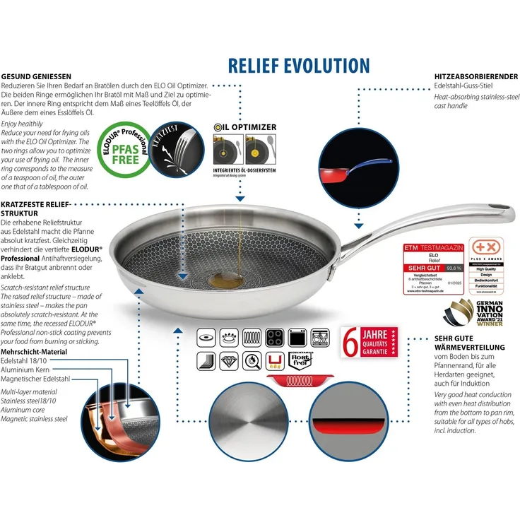 Elo Premium Sauteuse Relief Evolution Sauteuse, Edelstahl 18/10 (1-tlg), durchgehender Aluminium-Kern, außen magnetischer Edelstahl