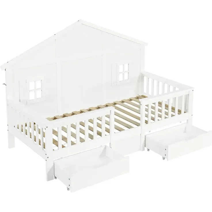 Kinderbett mit Schubladen, Lattenrost und Zaun, 90x200cm, Rausfallschutz, Stauraumbett, Jugendbett, Holzbett, Hausbett, Kiefer – Bild 8