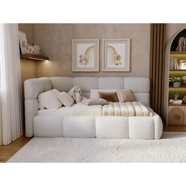 GRAINGOLD Modo One Jugendbett 90x200, Einzelbett mit Bettkasten, mit Lattenrost, Bouclé-Stoff, Rechts, Grau – Bild 5