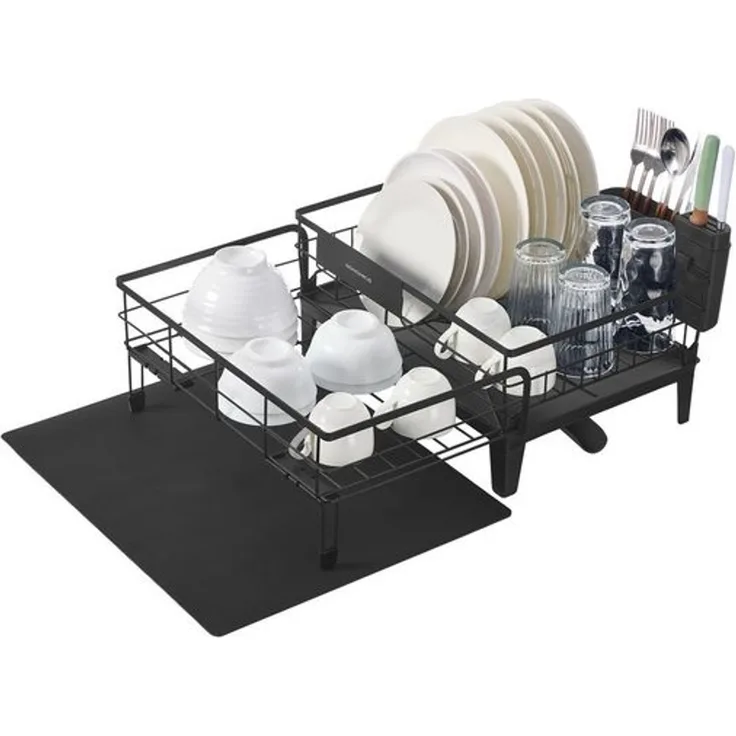 SONGMICS Abtropfgestell Geschirr, ausziehbarer Geschirr-Abtropfständer, wasserabsorbierende Silikonmatte, 360° drehbarer und ausziehbarer Ablauf, (31-56) x 42 x 20 cm, tintenschwarz