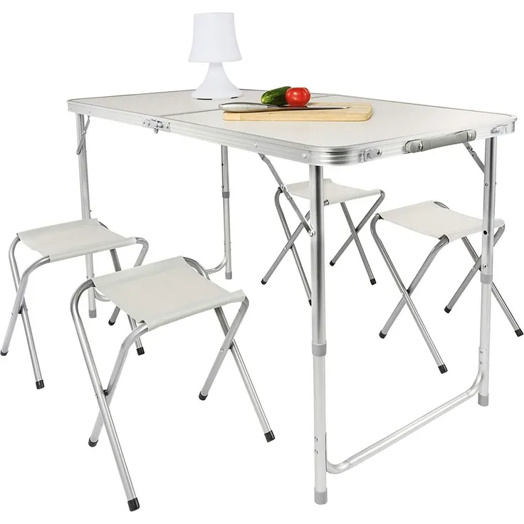 Goods+Gadgets Klapptisch Klapptisch-Set mit 4 Stühlen –Klappbarer Campingtisch & Mehrzwecktisch (Mehrzwecktisch, Campingtisch Markttisch), Multifunktionstisch mit 4 Stühlen - Weiß